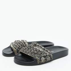 Chanel Black/White Tweed Fabric Tropiconic Chain Link Flat Slides Size 36
