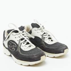 Pre Owned Chanel Grey/White Canvas and Suede CC Logo Lace Up Sneakers Size 38