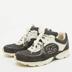 Pre Owned Chanel Grey/White Canvas and Suede CC Logo Lace Up Sneakers Size 38