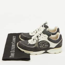 Pre Owned Chanel Grey/White Canvas and Suede CC Logo Lace Up Sneakers Size 38