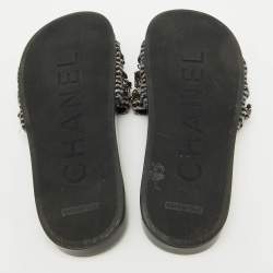 Chanel Black Tweed Fabric Tropiconic Chain Link Flat Slides Size 38