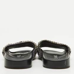 Chanel Black Tweed Fabric Tropiconic Chain Link Flat Slides Size 38