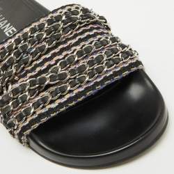 Chanel Black Tweed Fabric Tropiconic Chain Link Flat Slides Size 38