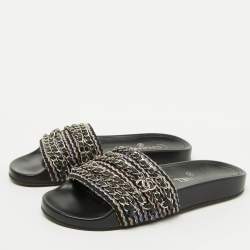 Chanel Black Tweed Fabric Tropiconic Chain Link Flat Slides Size 38