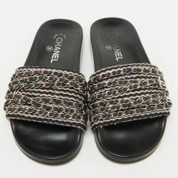 Chanel Black Tweed Fabric Tropiconic Chain Link Flat Slides Size 38
