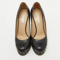Pre Owned Chanel Black Leather CC Cap Toe Chain Platform Pumps Size 37.5