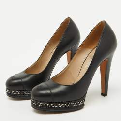 Pre Owned Chanel Black Leather CC Cap Toe Chain Platform Pumps Size 37.5