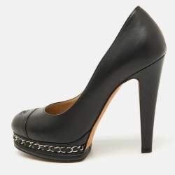 Pre Owned Chanel Black Leather CC Cap Toe Chain Platform Pumps Size 37.5