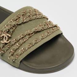 Chanel Green Canvas  Tropiconic Chain Detail Slides Size 42