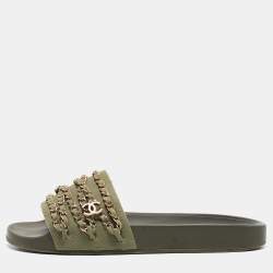 Chanel Green Canvas  Tropiconic Chain Detail Slides Size 42