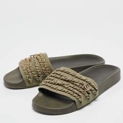 Chanel Green Canvas  Tropiconic Chain Detail Slides Size 42