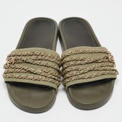 Chanel Green Canvas  Tropiconic Chain Detail Slides Size 42