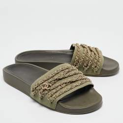 Chanel Green Canvas  Tropiconic Chain Detail Slides Size 42