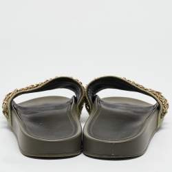Chanel Green Canvas  Tropiconic Chain Detail Slides Size 42