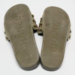 Chanel Green Canvas  Tropiconic Chain Detail Slides Size 42