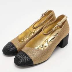 Chanel Gold/Black Lurex Fabric CC Cap Toe Block Heel Pumps Size 36.5