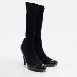 Chanel Black Patent Leather and Knit Fabric Sock Pumps Size 39.5