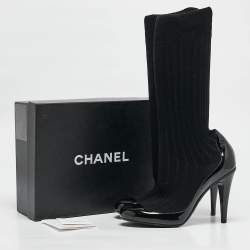 Chanel Black Patent Leather and Knit Fabric Sock Pumps Size 39.5