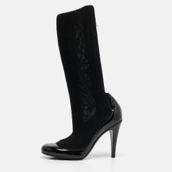 Chanel Black Patent Leather and Knit Fabric Sock Pumps Size 39.5