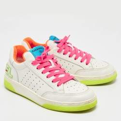 Pre Owned Chanel White Perforated Leather Logo Low Top Sneakers Size 39