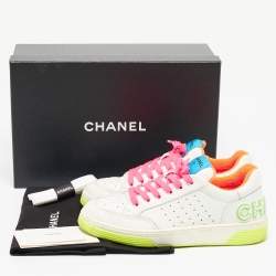 Pre Owned Chanel White Perforated Leather Logo Low Top Sneakers Size 39