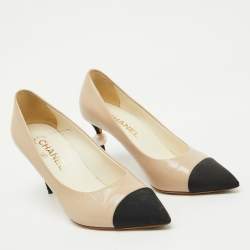Chanel Beige/Black Leather and Canvas Faux Pearl Cap Toe Pumps Size 38