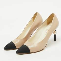 Chanel Beige/Black Leather and Canvas Faux Pearl Cap Toe Pumps Size 38