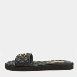 Pre Owned Chanel Black Quilted Leather CC Logo Flat Slides Size 38