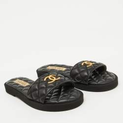 Pre Owned Chanel Black Quilted Leather CC Logo Flat Slides Size 38