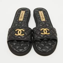 Pre Owned Chanel Black Quilted Leather CC Logo Flat Slides Size 38