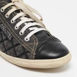 Chanel Grey/Black Quilted Pattern Leather Trim Embellishment Sneakers Size 38