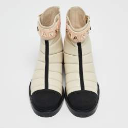 Chanel Cream/Black Quilted Leather and Grosgrain CC Ankle Boots Size 39