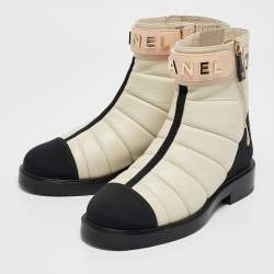 Chanel Cream/Black Quilted Leather and Grosgrain CC Ankle Boots Size 39