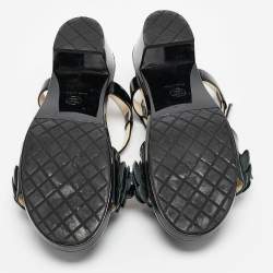 Pre Owned Chanel Black Patent Leather Camellia Accent Ankle Strap Sandals Size 41