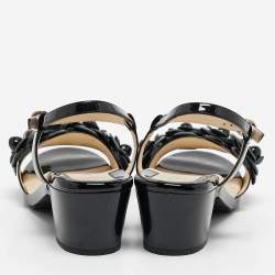 Pre Owned Chanel Black Patent Leather Camellia Accent Ankle Strap Sandals Size 41