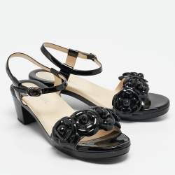 Pre Owned Chanel Black Patent Leather Camellia Accent Ankle Strap Sandals Size 41