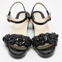 Pre Owned Chanel Black Patent Leather Camellia Accent Ankle Strap Sandals Size 41