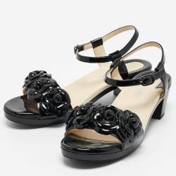 Pre Owned Chanel Black Patent Leather Camellia Accent Ankle Strap Sandals Size 41