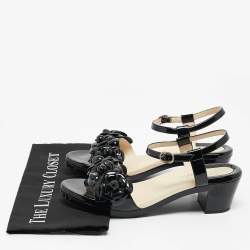 Pre Owned Chanel Black Patent Leather Camellia Accent Ankle Strap Sandals Size 41