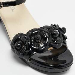 Pre Owned Chanel Black Patent Leather Camellia Accent Ankle Strap Sandals Size 41