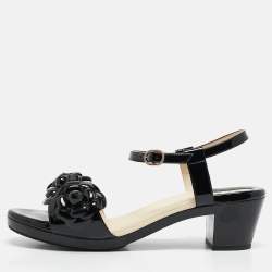 Pre Owned Chanel Black Patent Leather Camellia Accent Ankle Strap Sandals Size 41