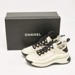Pre Owned Chanel White Neoprene and Leather CC Low Top Sneakers Size 37