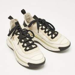 Pre Owned Chanel White Neoprene and Leather CC Low Top Sneakers Size 37