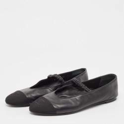 Pre Owned Chanel Black Leather and Fabric CC Mary Jane Ballet Flats Size 39