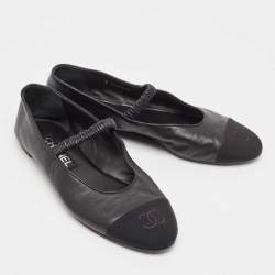 Pre Owned Chanel Black Leather and Fabric CC Mary Jane Ballet Flats Size 39