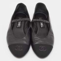 Pre Owned Chanel Black Leather and Fabric CC Mary Jane Ballet Flats Size 39