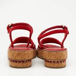 Chanel Red Suede Chain Detail Ankle Strap Sandals Size 38.5