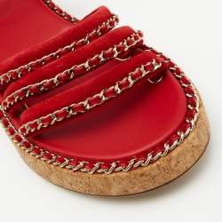 Chanel Red Suede Chain Detail Ankle Strap Sandals Size 38.5