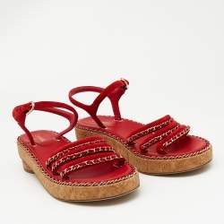 Chanel Red Suede Chain Detail Ankle Strap Sandals Size 38.5