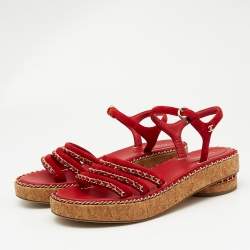 Chanel Red Suede Chain Detail Ankle Strap Sandals Size 38.5